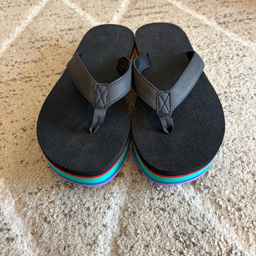 Sanuk Stacker Flatform Womens 8 Rainbow Flip Flop Black Sandals Summer Beach - Picture 2 of 6